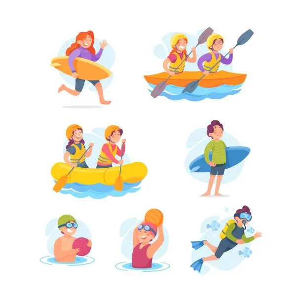 Vector illustration of Funny Children Doing Water Sport Activity Vector Set