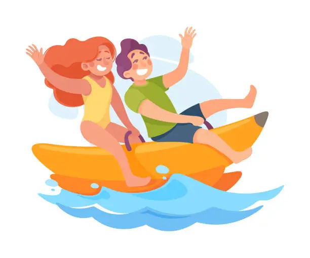 Vector illustration of Funny Boy and Girl Riding Banana Boat Doing Water Sport Activity Vector Illustration