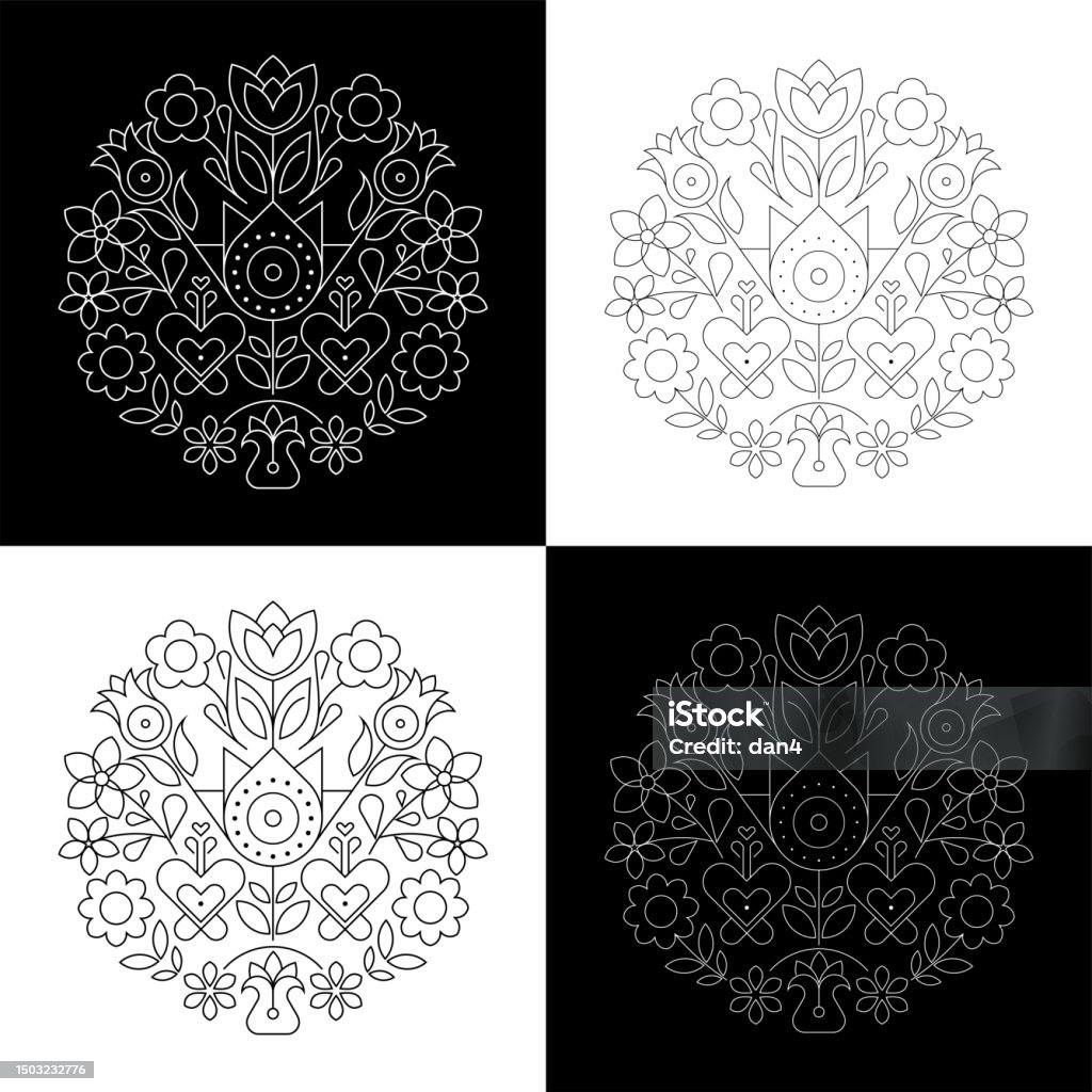 Round Shape Floral Line Art Design Stock Illustration - Download Image