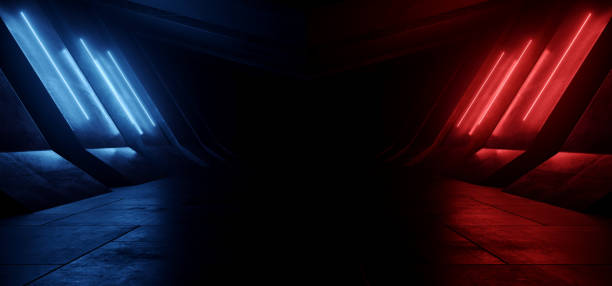 istock Futuristic Sci Fi Alien Spaceship Cyber Modern Neon Laser Electric Blue Red Lights Garage Parking Tunnel Corridor Underground Asphalt Concrete Warehouse Room 3D Rendering 1503232924