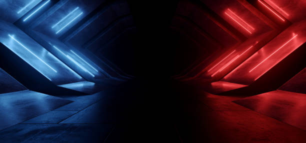 istock Futuristic Sci Fi Alien Spaceship Cyber Modern Neon Laser Electric Blue Red Lights Garage Parking Tunnel Corridor Underground Asphalt Concrete Warehouse Room 3D Rendering 1503232943