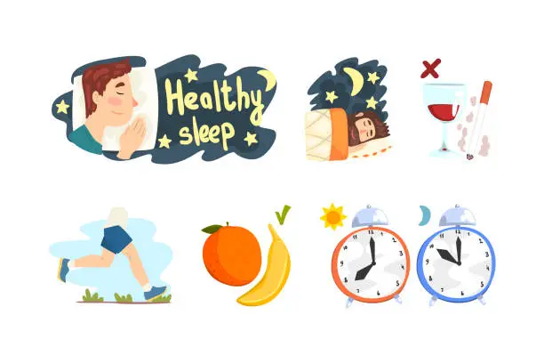 Vector illustration of Tip or Trick for Healthy Sleep with Vitaminic Food, Run, Alarm Clock and Bad Habit Rejection Vector Set