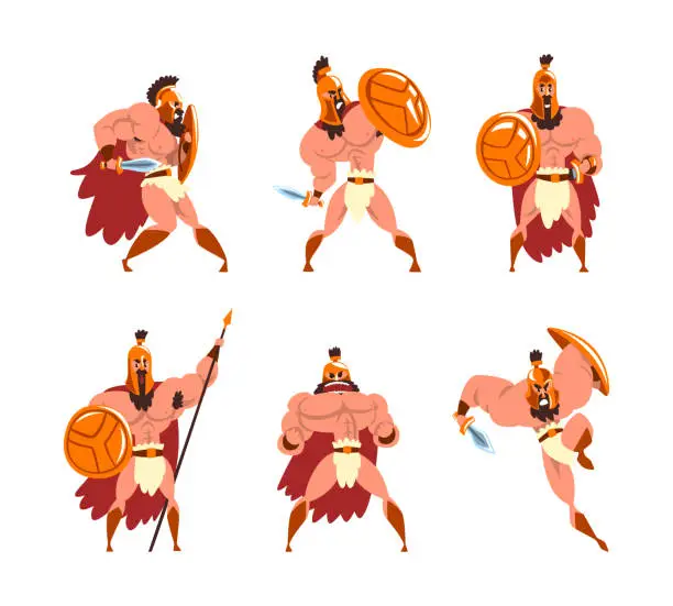 Vector illustration of Spartan Man in Red Cloak and Helmet Armed with Spear and Shield Standing and Attacking Vector Set