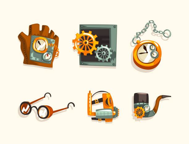 ilustrações de stock, clip art, desenhos animados e ícones de steampunk fictional objects and mechanism with goggles, glove, cogwheel, watch and smoking pipe vector set - anachronistic