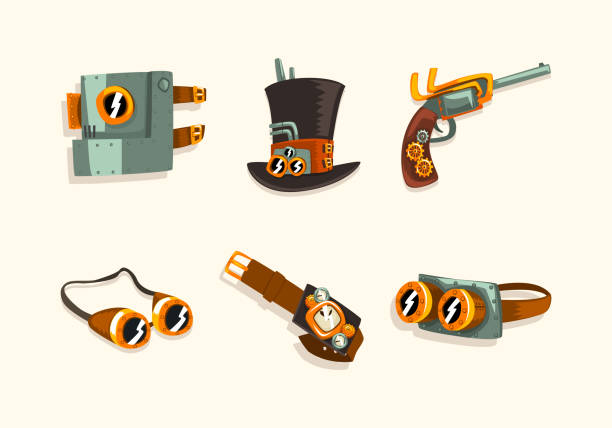 ilustrações de stock, clip art, desenhos animados e ícones de steampunk fictional objects and mechanism with goggles, top hat, watch, helmet and mechanical pistol vector set - anachronistic