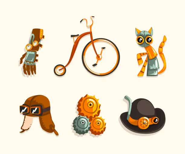 Vector illustration of Steampunk Fictional Objects and Mechanism with Glove, Cat, Helmet, Hat and Bicycle Vector Set