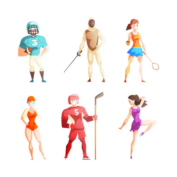 Vector illustration of Young Man and Woman Athlete Doing Different Sport Like Rugby, Fencing, Hockey, Swimming, Tennis and Ice Skating Vector Set