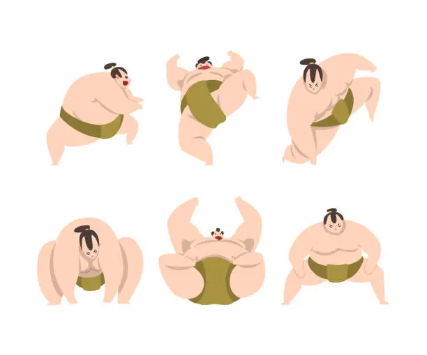 Vector illustration of Sumo Wrestler as Japanese Martial Arts Fighter in Different Poses Vector Set