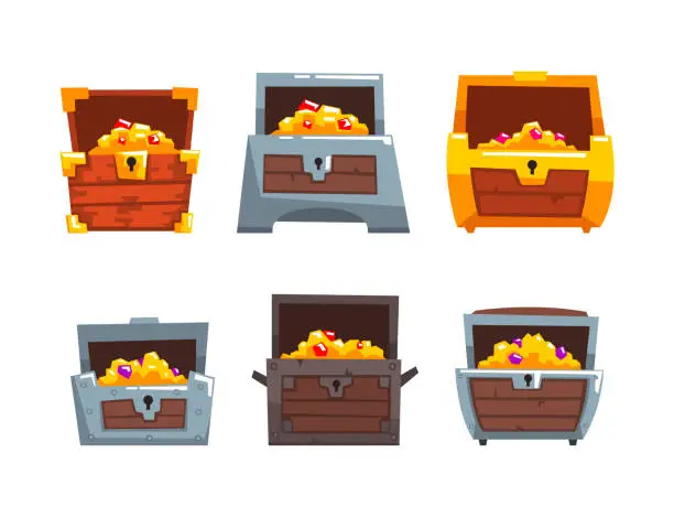 Vector illustration of Treasure Chest as Fantasy Pirate Wooden Box with Gold and Jewelry Gems Vector Set