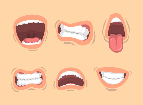 Upper and Lower Lips of Mouth Curving in Different Gestures Vector Set. Human Visible Body Part Showing Facial Expression Concept