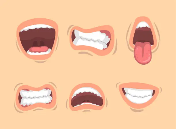 Vector illustration of Upper and Lower Lips of Mouth Curving in Different Gestures Vector Set