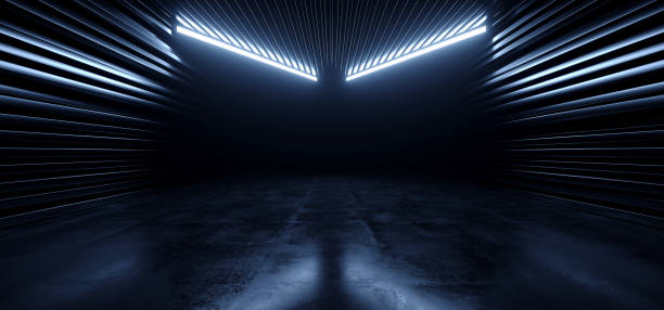 istock Futuristic Sci Fi Cyber Modern Laser Blue Beams Lights Metal Stripe Glossy Barn Garage Parking Studio Showroom Tunnel Corridor Underground Concrete Warehouse Room 3D Rendering 1503234251