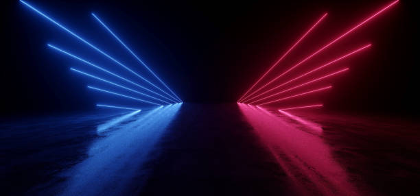 istock Futuristic Sci Fi Cyber Modern Neon Laser Electric Blue Red Beams Lights Barn Garage Parking Studio Showroom Tunnel Corridor Underground Asphalt Concrete Warehouse Room 3D Rendering 1503234435