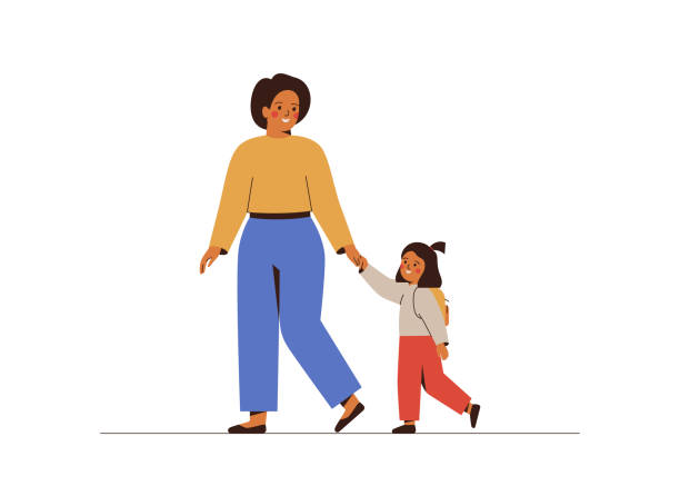 Mother leads her daughter to school. Woman and small girl hold hands and go together to classes. Elementary education concept. Mother leads her daughter to school. Woman and small girl hold hands and go together to classes. Elementary education concept. Vector illustration asian nanny stock illustrations