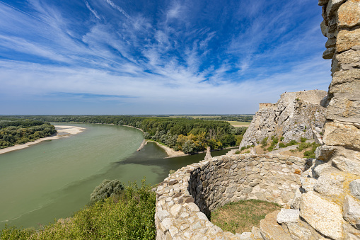 Ruins of Devin castle and Dunabe river near city Bratislava, Slovakia.