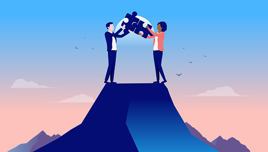 Businessman and businesswoman on mountaintop connecting puzzle pieces together and finding solutions. Flat design vector illustration with copy space