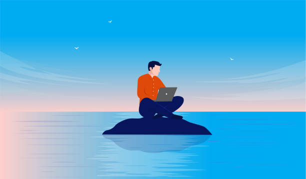 Work from anywhere Man working remotely on laptop computer far away in peace and quiet on deserted island. Working alone concept, flat design vector illustration businessman standout stock illustrations
