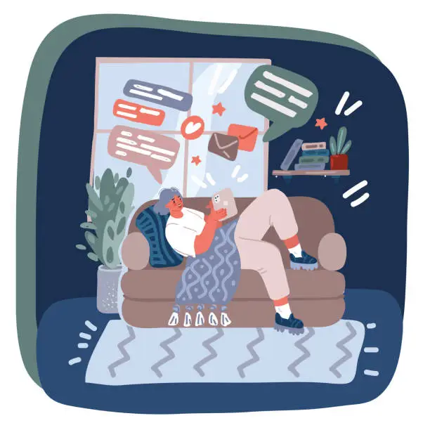 Vector illustration of Vector illustration of woman lay at sofa home using tablet. Surfing in internet