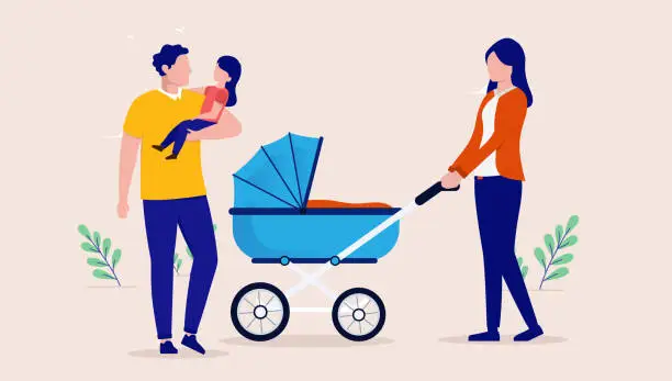 Vector illustration of Young parents with baby stroller