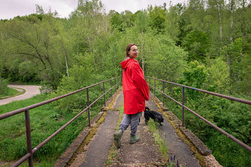 A woman in a raincoat takes a peaceful walk through the enchanting forest.