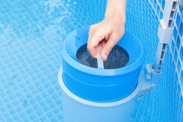 istock girl cleans skimmer for the frame pool. Contaminated pool cleaning concept 1503242569