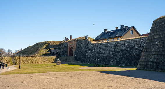 Varberg, Sweden - April 01 2023: Main entrance of Varbergs fortress.