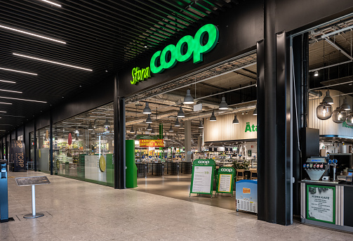 Uddevalla, Sweden - April 07 2023: Entrance of Stora COOP at Torp.