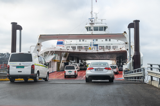 Trucks embarking on a ferry