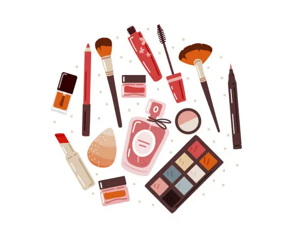 Vector illustration of Beauty,makeup products in round composition on white background.Flat Vector