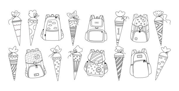 School backpack with candy cones for first grader.Vector line illustration Collection of cartoon backpacks for students, children with traditional german school or candy cones.Back to school black and white coloring pages.Vector illustration in line style on white background zuckertüte stock illustrations