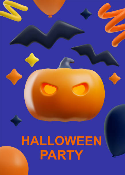 istock Happy Halloween party poster, festive banner with vector realistic 3d illustration pumpkin evil face, bats, decor 1503252346