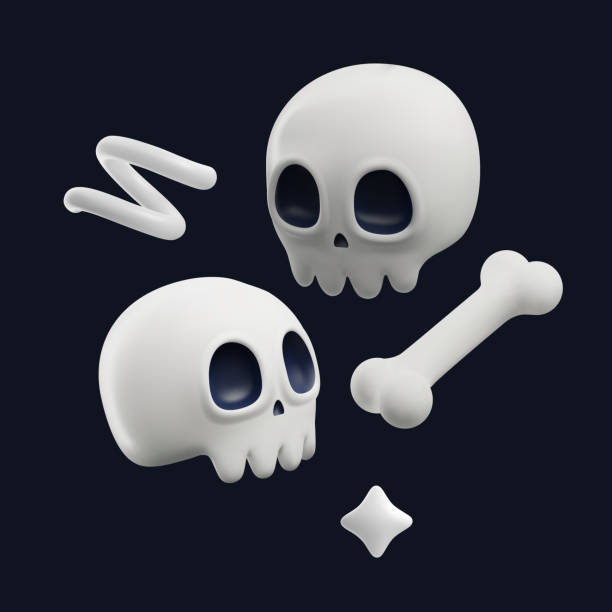Spooky skull and bones in cartoon 3d style, vector illustration on black background. Spooky skull and bones in cartoon 3d style, vector illustration on black background. Realistic human skull, halloween holiday decoration element. Concepts of death and danger. plastic skull stock illustrations