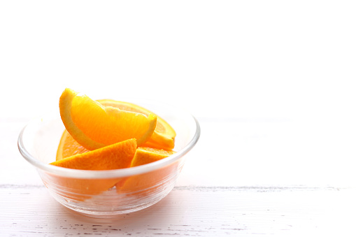 Fresh orange slices served in a glass bowl