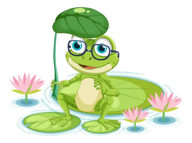Vector illustration of Green Frog Cartoon Character Holding Leaf Umbrella