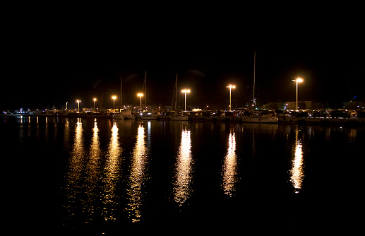 Night view of commercial dock in Nafplion city, Greece