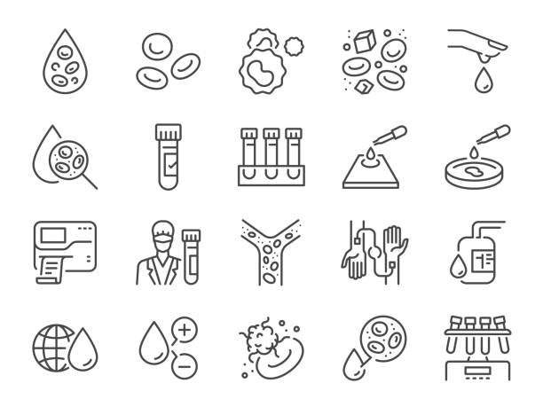 Hematology icon set. It included hematologist, blood, hemoglobin, cells, and more icons. Editable Vector Stroke. Hematology icon set. It included hematologist, blood, hemoglobin, cells, and more icons. Editable Vector Stroke. glucose stock illustrations