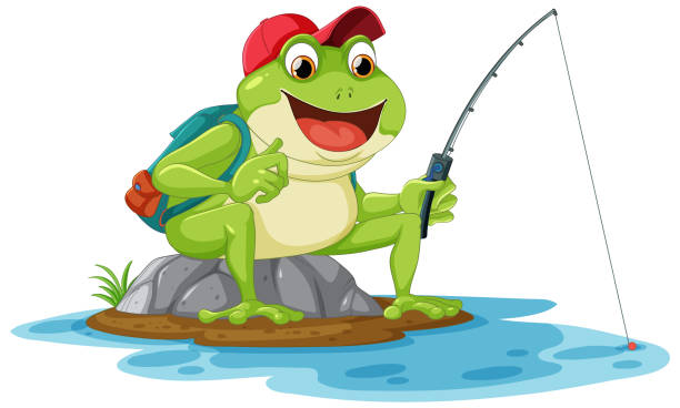 istock Green frog fishing cartoon 1503259618