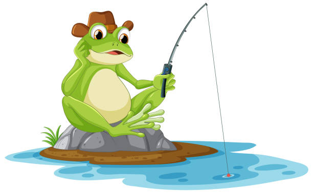 istock Green frog fishing cartoon 1503259622