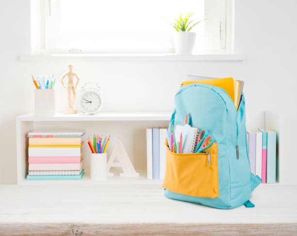 istock Full school backpack with different colorful stationery on wooden table 1503259689