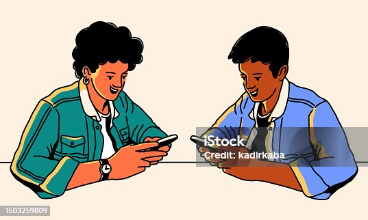 istock Young man and women texting on social media by phone. Vector Illustration Of Social Media and chatting design concept. Hand drawn, sketch, doodle. 1503259809