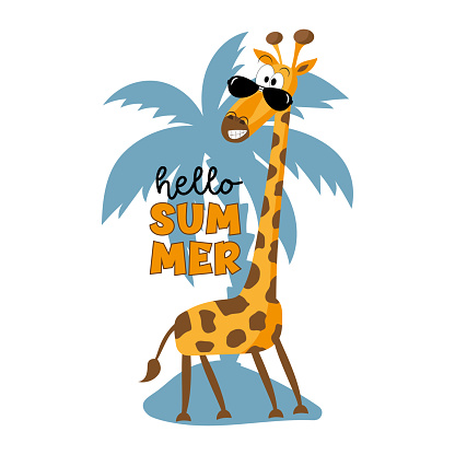Hello Summer - cute giraffe in sunglasses. Isloated on palmtree background. Good for Baby clothes, greeting card, poster, label, mug, and other decoartion.
