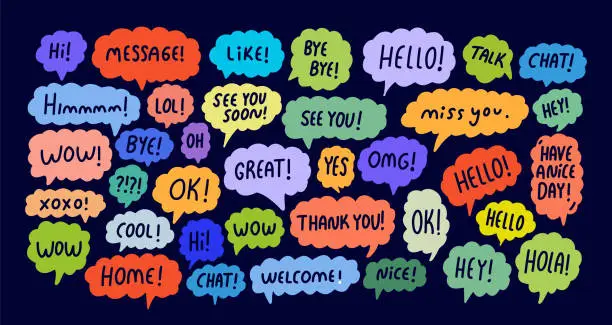 Vector illustration of Speech Bubbles Short Phrases, Great, Yes, Omg, Wow, Thank You, Ok, Welcome, Nice, See You, Miss You, Hello, Chat, Like, Message.