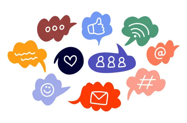 Vector illustration of Speech Bubbles Short Phrases, Great, Yes, Omg, Wow, Thank You, Ok, Welcome, Nice, See You, Miss You, Hello, Chat, Like, Message.