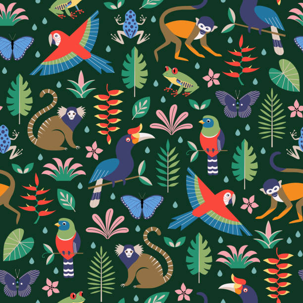 밝은 화려한 열대 정글 원활한 패턴 - hornbill computer graphic multi colored nature stock illustrations