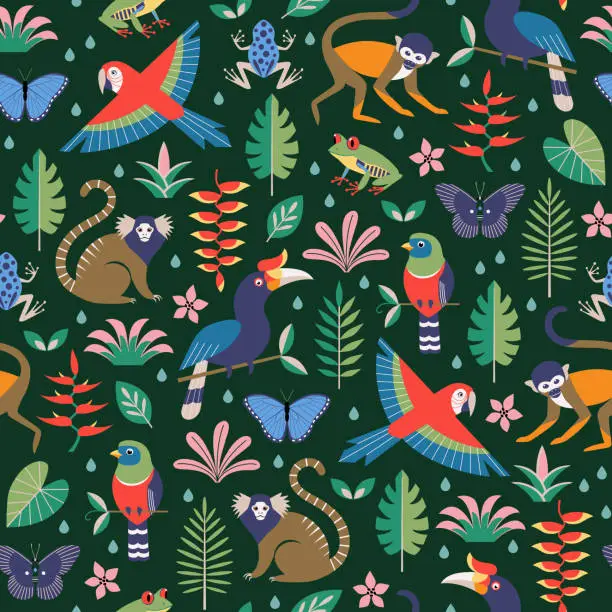 Vector illustration of Bright colorful tropical jungle seamless pattern