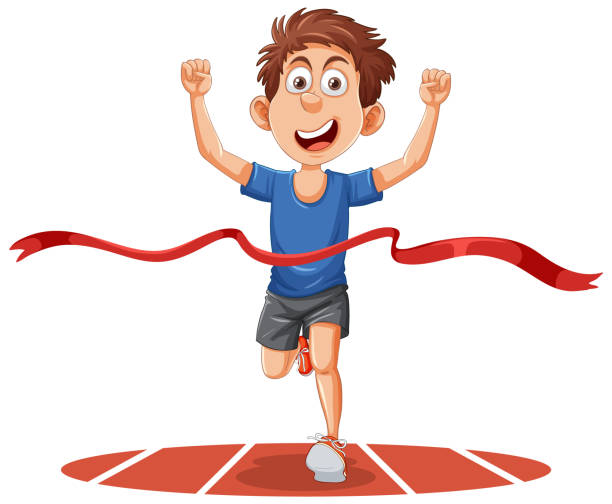 ilustrações de stock, clip art, desenhos animados e ícones de energetic runner man crossing the finish line - finish line running aspirations cartoon