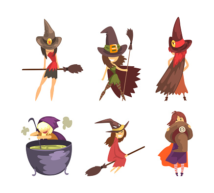 Cute Little Witch in Pointed Hat Flying on Broomstick and Boiling Poison in Cauldron Vector Set. Sorceress from Fairytale Performing Witchcraft and Spells Concept