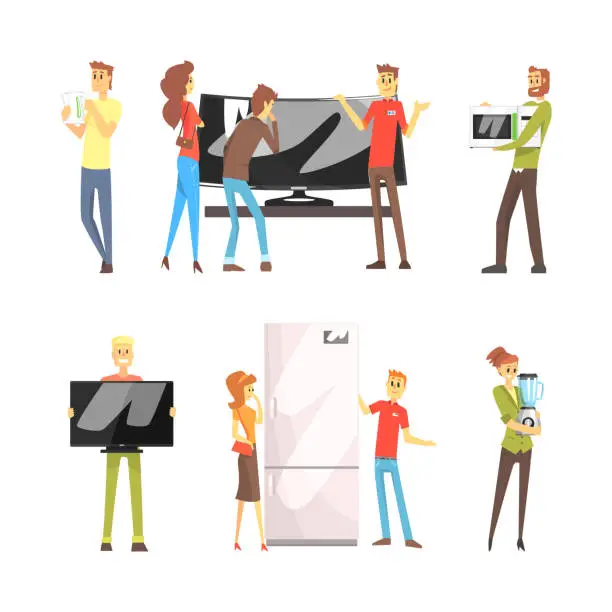 Vector illustration of People Characters Buying Various Household Appliances and Electric Device Vector Set