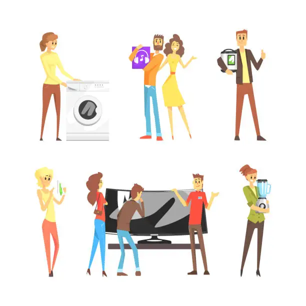 Vector illustration of People Characters Buying Various Household Appliances and Electric Device Vector Set