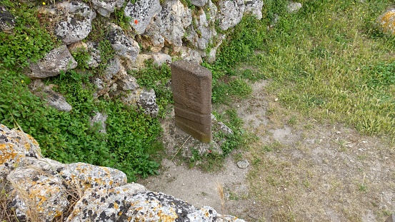 Sassari, Sardinia in Italy, May 18 2023. Stele dating back to 4000 BC. in the archaeological site of Monte d'Accoddi.